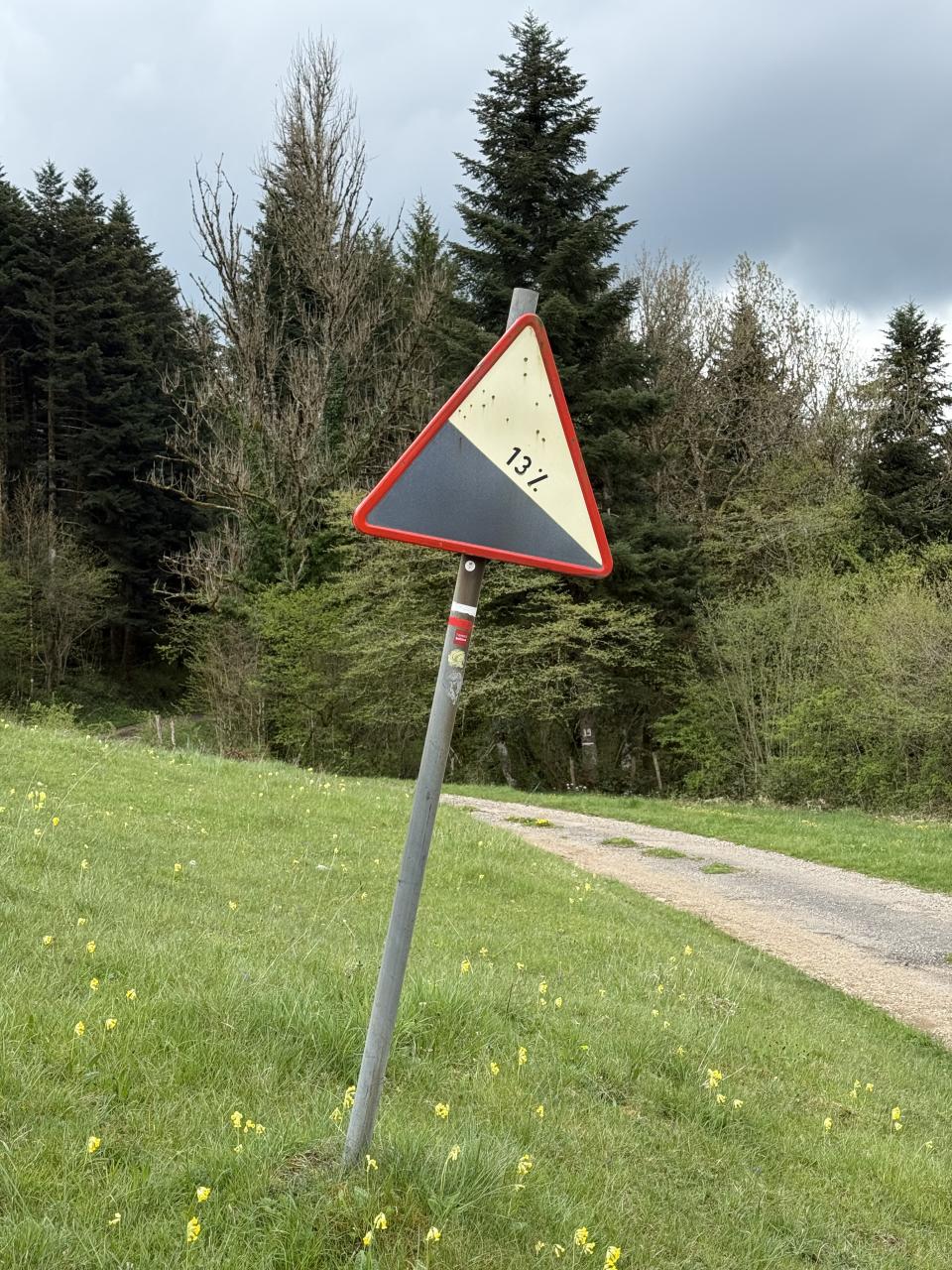 Gros plan d'un panneau routier indiquant une pente 13%
